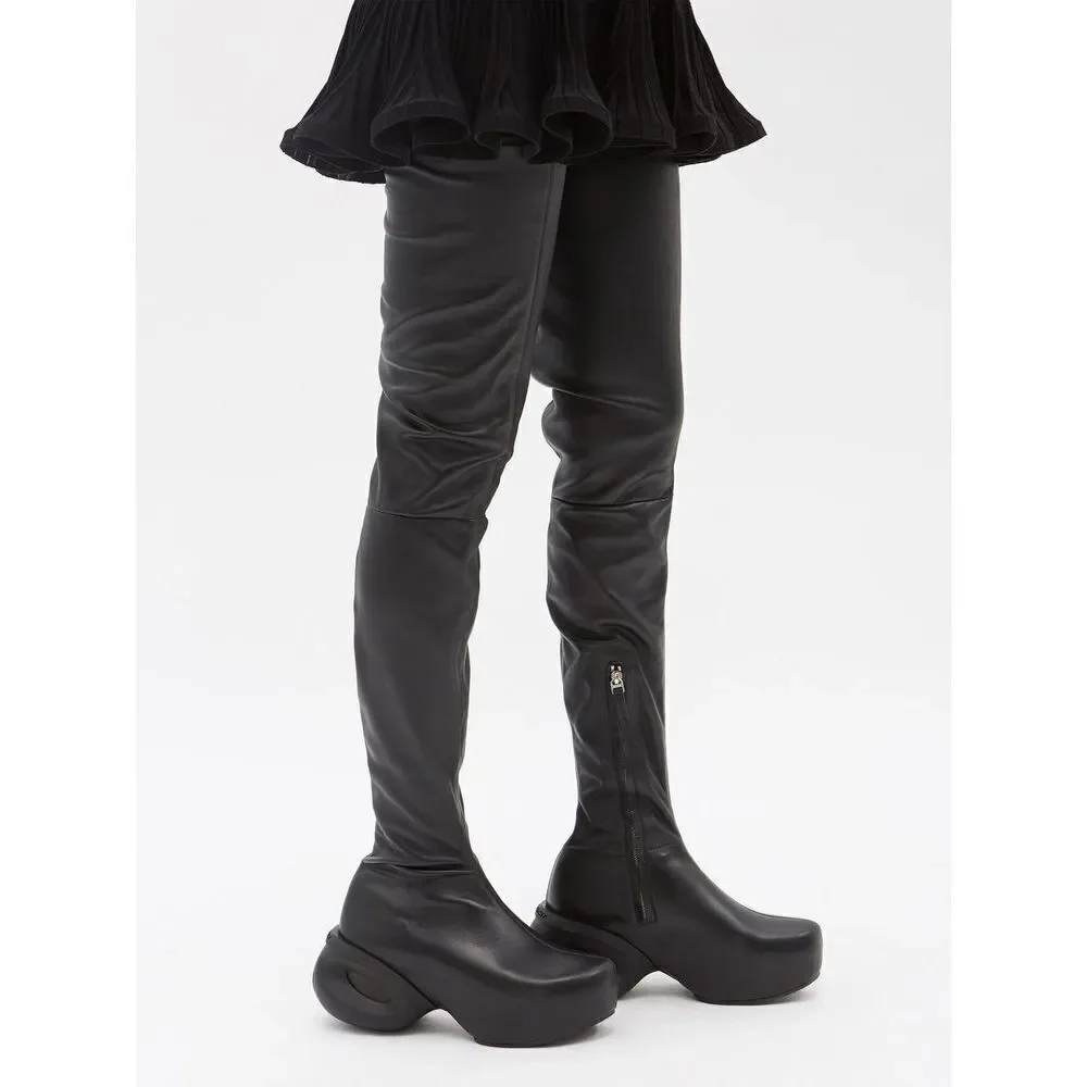 GIVENCHY G-Clog Lambskin Black Leather Over-the-knee Vouge Runway Boots Size 39